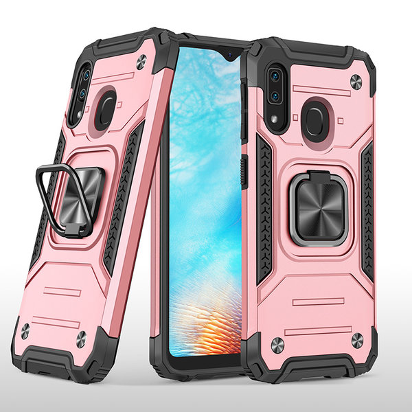 Ntech Hoesje Geschikt Voor Samsung Galaxy A20E Hoesje - Heavy Duty Armor hoesje Rose Goud - Galaxy A20 E silicone TPU hybride hoesje Kickstand ringhouder met Magnetisch Auto Mount