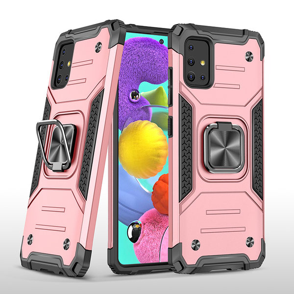 Ntech Hoesje Geschikt Voor Samsung Galaxy A51 Hoesje - Heavy Duty Armor hoesje Rose Goud - Galaxy A51 silicone TPU hybride hoesje Kickstand ringhouder met Magnetisch Auto Mount