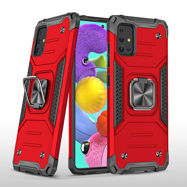 Ntech Hoesje Geschikt Voor Samsung Galaxy A51 Hoesje - Heavy Duty Armor hoesje Rood - Galaxy A51 silicone TPU hybride hoesje Kickstand ringhouder met Magnetisch Auto Mount