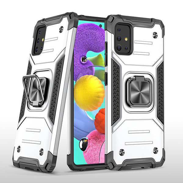 Ntech Hoesje Geschikt Voor Samsung Galaxy A51 Hoesje - Heavy Duty Armor hoesje Zliver - Galaxy A51 silicone TPU hybride hoesje Kickstand ringhouder met Magnetisch Auto Mount