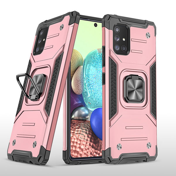 Ntech Hoesje Geschikt Voor Samsung Galaxy A71 Hoesje - Heavy Duty Armor hoesje Rose Goud - Galaxy A71 4G silicone TPU hybride hoesje Kickstand ringhouder met Magnetisch Auto Mount