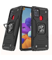 Ntech Samsung A21S Hoesje - Heavy Duty Armor hoesje Zwart - Galaxy A21s silicone TPU hybride hoesje Kickstand ringhouder met Magnetisch Auto Mount