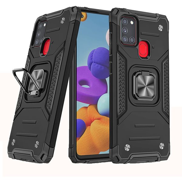 Ntech Samsung A21S Hoesje - Heavy Duty Armor hoesje Zwart - Galaxy A21s silicone TPU hybride hoesje Kickstand ringhouder met Magnetisch Auto Mount