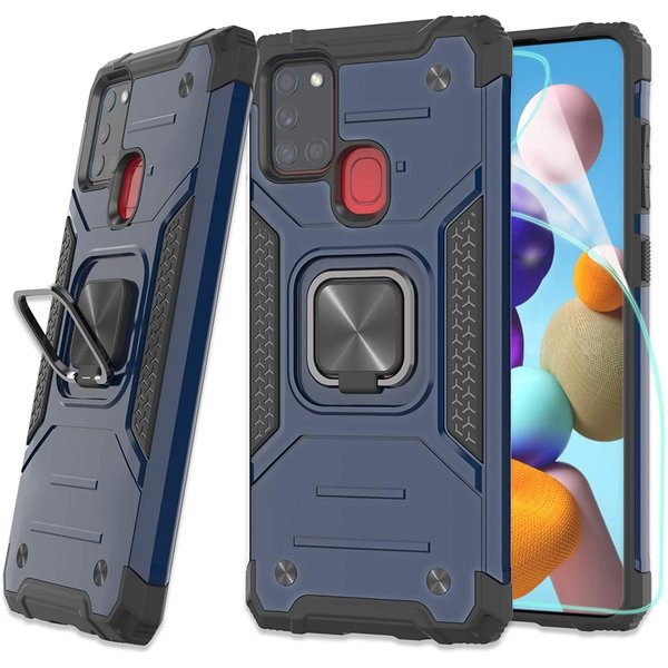 Ntech Hoesje Geschikt Voor Samsung Galaxy A21S Hoesje - Heavy Duty Armor hoesje Blauw  Kickstand ringhouder met Magnetisch Auto Mount