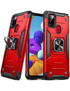 Ntech Samsung A21S Hoesje - Heavy Duty Armor hoesje Rood - Galaxy A21s silicone TPU hybride hoesje Kickstand ringhouder met Magnetisch Auto Mount