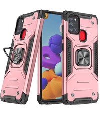 Ntech Samsung A21S Hoesje - Heavy Duty Armor hoesje Rose Goud - Galaxy A21s silicone TPU hybride hoesje Kickstand ringhouder met Magnetisch Auto Mount