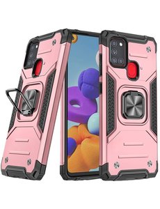 Ntech Samsung A21S Hoesje - Heavy Duty Armor hoesje Rose Goud - Galaxy A21s silicone TPU hybride hoesje Kickstand ringhouder met Magnetisch Auto Mount