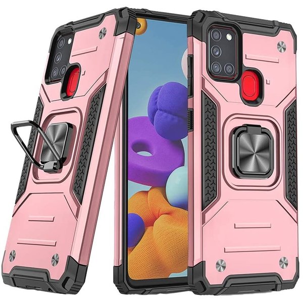 Ntech Hoesje Geschikt Voor Samsung Galaxy A21S Hoesje - Heavy Duty Armor hoesje Rose Goud – ringhouder met Magnetisch Auto Mount