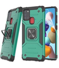 Ntech Samsung A21S Hoesje - Heavy Duty Armor hoesje Groen - Galaxy A21s silicone TPU hybride hoesje Kickstand ringhouder met Magnetisch Auto Mount