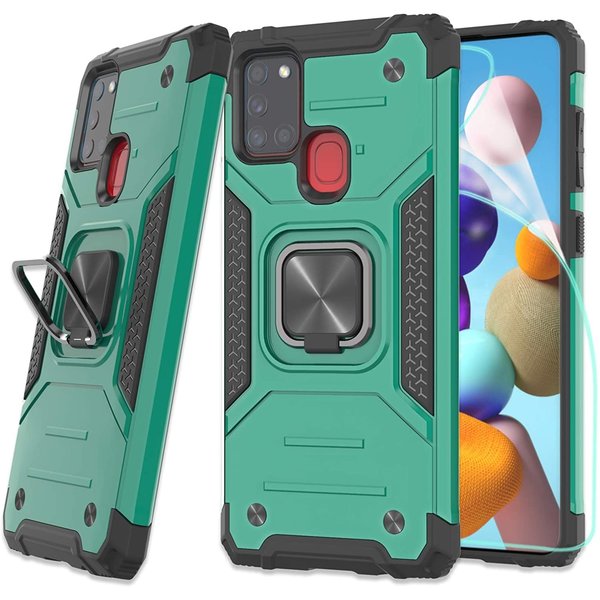 Ntech Hoesje Geschikt Voor Samsung Galaxy A21S Hoesje - Heavy Duty Armor hoesje Groen – Kickstand ringhouder met Magnetisch Auto Mount