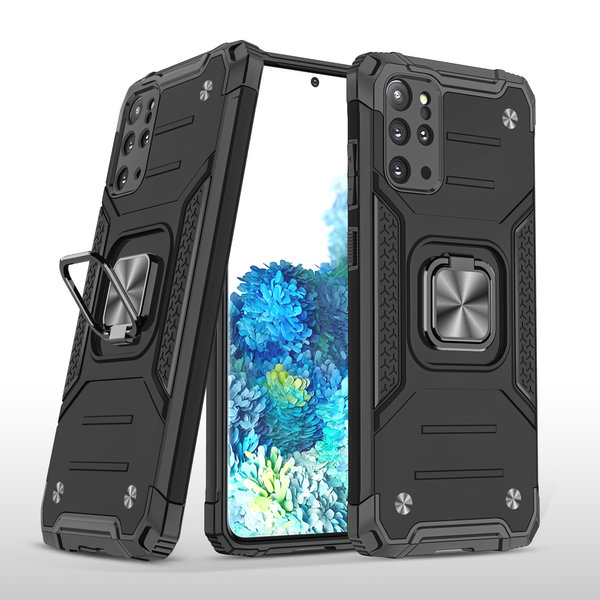 Ntech Hoesje Geschikt Voor Samsung Galaxy S20 Plus Hoesje - Heavy Duty Armor hoesje Zwart - Galaxy S20 Plus silicone TPU hybride hoesje Kickstand ringhouder met Magnetisch Auto Mount