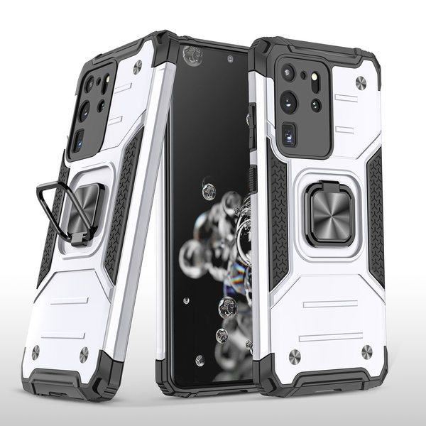 Ntech Hoesje Geschikt Voor Samsung Galaxy S20 Ultra Hoesje - Heavy Duty Armor hoesje Zliver - Galaxy S20 Ultra silicone TPU hybride hoesje Kickstand ringhouder met Magnetisch Auto Mount