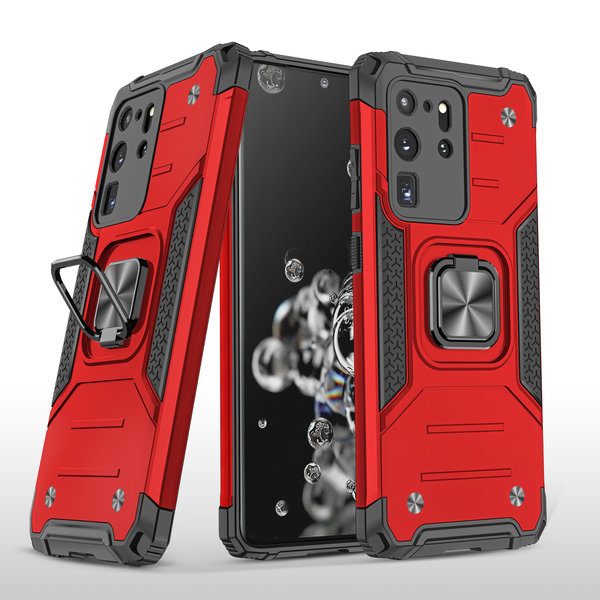 Ntech Hoesje Geschikt Voor Samsung Galaxy S20 Ultra Hoesje - Heavy Duty Armor hoesje Rood - Galaxy S20 Ultra silicone TPU hybride hoesje Kickstand ringhouder met Magnetisch Auto Mount