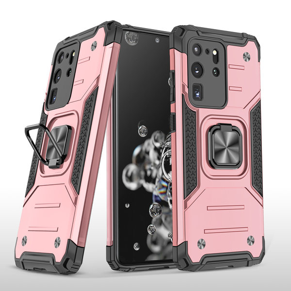 Ntech Hoesje Geschikt Voor Samsung Galaxy S20 Ultra Hoesje - Heavy Duty Armor hoesje Rose Goud - Galaxy S20 Ultra silicone TPU hybride hoesje Kickstand ringhouder met Magnetisch Auto Mount