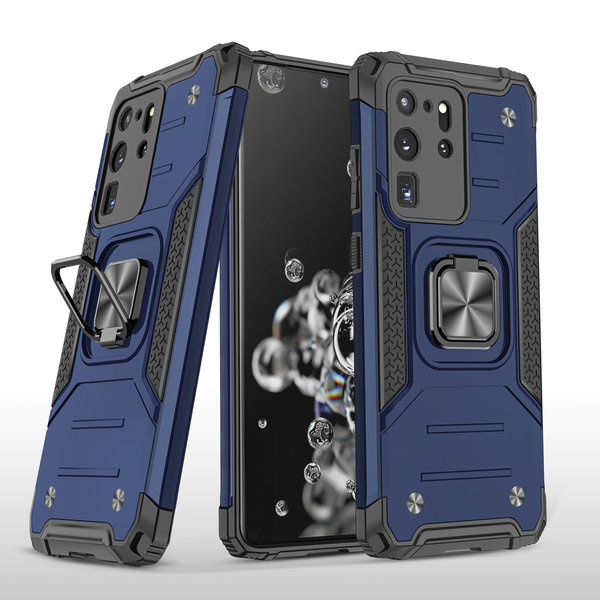 Ntech Hoesje Geschikt Voor Samsung Galaxy S20 Ultra Hoesje - Heavy Duty Armor hoesje Blauw - Galaxy S20 Ultra silicone TPU hybride hoesje Kickstand ringhouder met Magnetisch Auto Mount