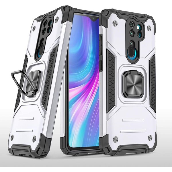 Ntech Xiaomi Redmi Note 8 Pro Hoesje - Heavy Duty Armor hoesje Zliver - Redmi Note 8 Pro silicone TPU 360-Degree hybride hoesje Kickstand ringhouder met Magnetisch Auto Mount