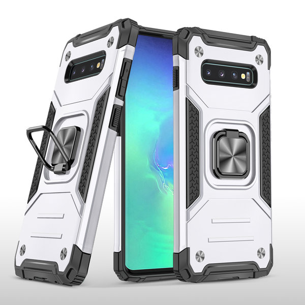 Ntech Hoesje Geschikt Voor Samsung Galaxy S10 Hoesje - Heavy Duty Armor hoesje Zliver - Galaxy S10 silicone TPU 360-Degree hybride hoesje Kickstand ringhouder met Magnetisch Auto Mount