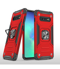 Ntech Samsung S10 Hoesje - Heavy Duty Armor hoesje Rood - Galaxy S10 silicone TPU 360-Degree hybride hoesje Kickstand ringhouder met Magnetisch Auto Mount