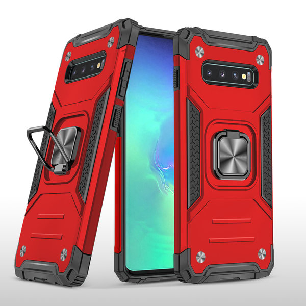 Ntech Samsung S10 Hoesje - Heavy Duty Armor hoesje Rood - Galaxy S10 silicone TPU 360-Degree hybride hoesje Kickstand ringhouder met Magnetisch Auto Mount