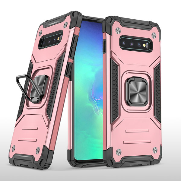 Ntech Hoesje Geschikt Voor Samsung Galaxy S10 Hoesje - Heavy Duty Armor hoesje Rose Goud - Galaxy S10 silicone TPU 360-Degree hybride hoesje Kickstand ringhouder met Magnetisch Auto Mount