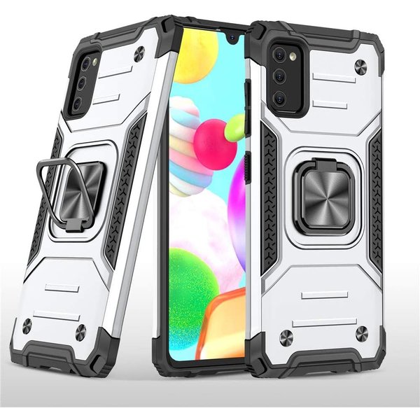 Ntech Hoesje Geschikt Voor Samsung Galaxy A41 Hoesje - Heavy Duty Armor hoesje Zliver - Galaxy A41 silicone TPU 360-Degree hybride hoesje Kickstand ringhouder met Magnetisch Auto Mount