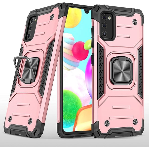 Ntech Hoesje Geschikt Voor Samsung Galaxy A41 Hoesje - Heavy Duty Armor hoesje Rose Goud - Galaxy A41 silicone TPU 360-Degree hybride hoesje Kickstand ringhouder met Magnetisch Auto Mount