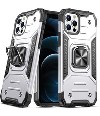 Ntech iPhone 12 / 12 Pro Hoesje Heavy Duty Armor TPU 360-graden Kickstand ringhouder Silver