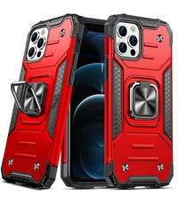 Ntech iPhone 12 / 12 Pro Hoesje Heavy Duty Armor TPU 360-graden Kickstand ringhouder Rood