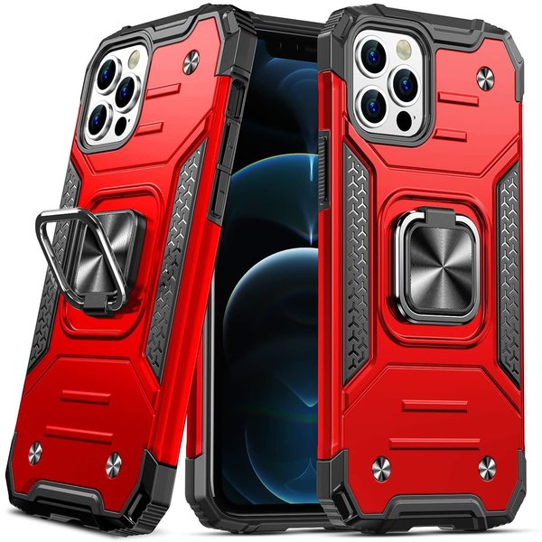 Ntech Hoesje Geschikt voor iPhone 12 - Heavy Duty Armor hoesje Met Kickstand ringhouder – Rood