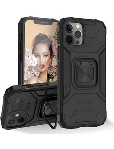 Ntech iPhone 12 / 12 Pro Hoesje Heavy Duty Armor TPU 360-graden Kickstand ringhouder Zwart