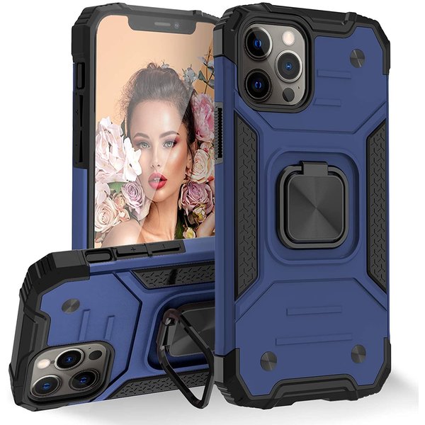 Ntech Hoesje Geschikt voor iPhone 12 Mini - Heavy Duty Armor hoesje Met Kickstand ringhouder – Blauw