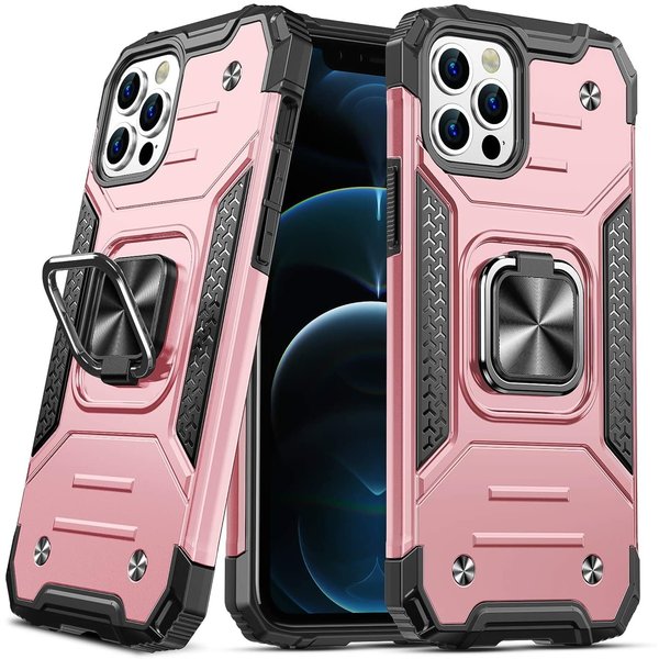 Ntech Hoesje Geschikt voor iPhone 12 Mini - Heavy Duty Armor hoesje Met Kickstand ringhouder – Rosegoud