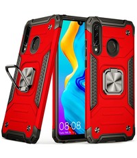 Ntech Huawei P30 Lite Hoesje - Heavy Duty Armor hoesje Rood - Huawei P30 Lite New Edition hoesje silicone TPU 360-Degree hybride hoesje Kickstand ringhouder met Magnetisch Auto Mount