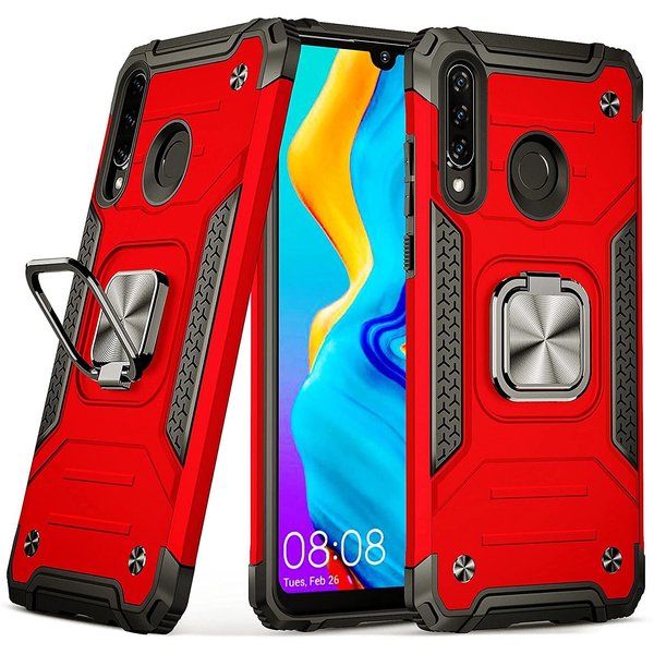 Ntech Huawei P30 Lite Hoesje - Heavy Duty Armor hoesje Rood - Huawei P30 Lite New Edition hoesje silicone TPU 360-Degree hybride hoesje Kickstand ringhouder met Magnetisch Auto Mount