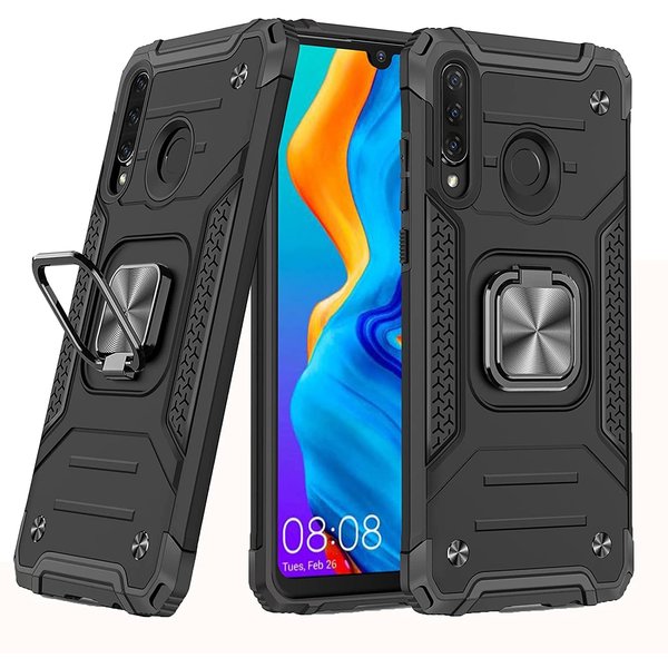 Ntech Huawei P30 Lite Hoesje - Heavy Duty Armor hoesje Zwart - Huawei P30 Lite New Edition hoesje silicone TPU 360-Degree hybride hoesje Kickstand ringhouder met Magnetisch Auto Mount