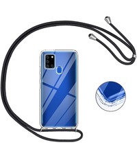 Ntech Samsung A21s Hoesje transparant silicone met Koord - Galaxy A21s Koord hoesje draagkoord TPU backcover - Zwart