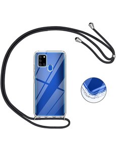 Ntech Samsung A21s Hoesje transparant silicone met Koord - Galaxy A21s Koord hoesje draagkoord TPU backcover - Zwart