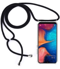 Ntech Samsung A20e Hoesje transparant silicone met Koord - Galaxy A20e Koord hoesje draagkoord TPU backcover - Zwart