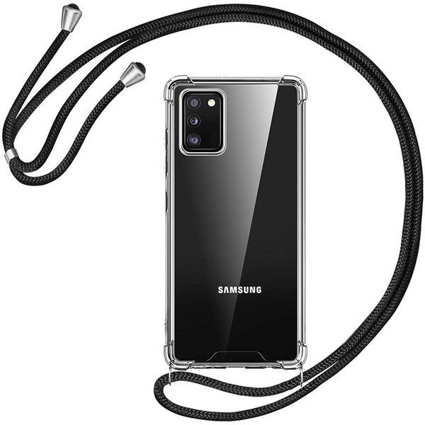 Ntech Hoesje Geschikt Voor Samsung Galaxy A02s Hoesje transparant silicone met Koord - Galaxy A02S Koord hoesje draagkoord TPU backcover - Zwart