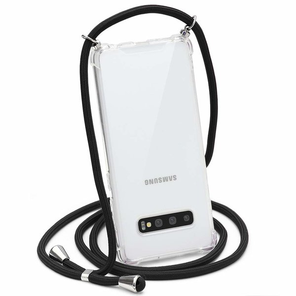 Ntech Hoesje Geschikt Voor Samsung Galaxy S10 Hoesje transparant silicone met Koord - Galaxy S10 Koord hoesje draagkoord TPU backcover - Zwart