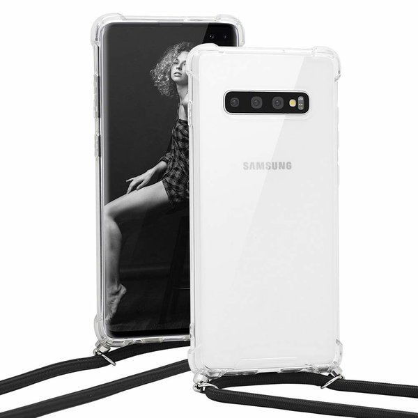 Ntech Hoesje Geschikt Voor Samsung Galaxy S10 Plus Hoesje transparant silicone met Koord - Galaxy S10 Plus Koord hoesje draagkoord TPU backcover - Zwart