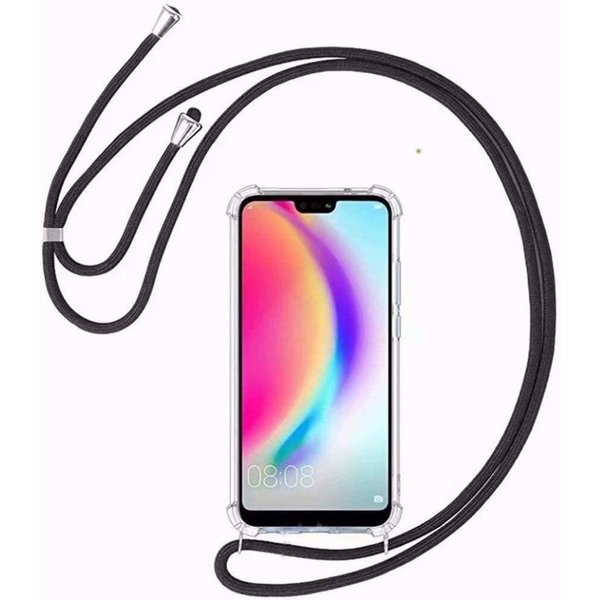 Ntech Hoesje Geschikt voor Huawei P Smart Z Hoesje transparant silicone met Koord - P Smart Z Koord hoesje draagkoord TPU backcover - Zwart