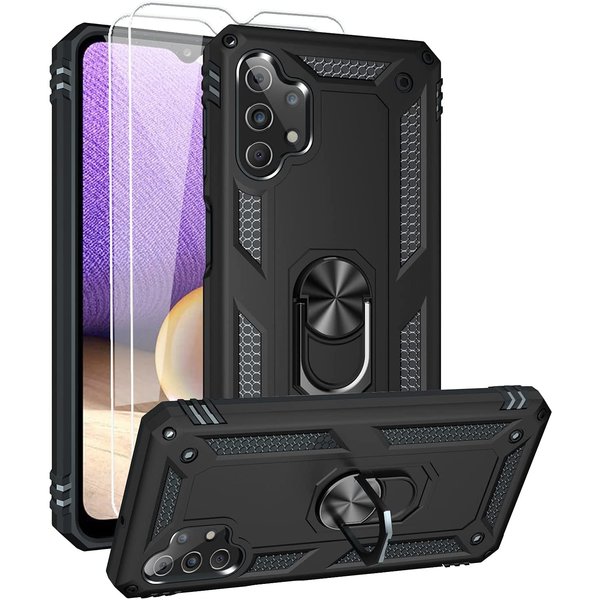 Ntech Hoesje Geschikt Voor Samsung Galaxy A32 Hoesje kickstand Armor case Zwart - Galaxy A32 4G Ring houder TPU backcover hoesje - met Galaxy A32 4G screenprotector 2 pack