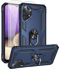 Ntech Samsung A32 Hoesje kickstand Armor case Blauw - Galaxy A32 4G Ring houder TPU backcover hoesje - met Galaxy A32 4G screenprotector 2 pack