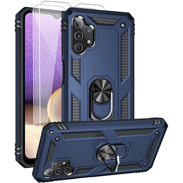 Ntech Hoesje Geschikt Voor Samsung Galaxy A32 Hoesje kickstand Armor case Blauw - Galaxy A32 4G Ring houder TPU backcover hoesje - met Galaxy A32 4G screenprotector 2 pack