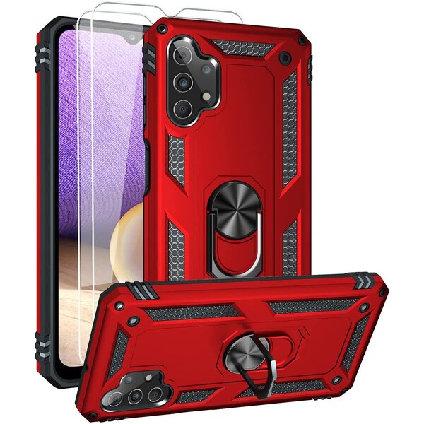 Ntech Hoesje Geschikt Voor Samsung Galaxy A32 Hoesje kickstand Armor case Rood - Galaxy A32 4G Ring houder TPU backcover hoesje - met Galaxy A32 4G screenprotector 2 pack