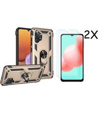 Ntech Samsung A32 Hoesje kickstand Armor case Goud - Galaxy A32 4G Ring houder TPU backcover hoesje - met Galaxy A32 4G screenprotector 2 pack