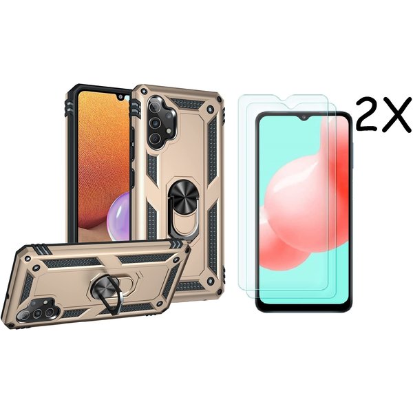 Ntech Hoesje Geschikt Voor Samsung Galaxy A32 Hoesje kickstand Armor case Goud - Galaxy A32 4G Ring houder TPU backcover hoesje - met Galaxy A32 4G screenprotector 2 pack