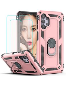 Ntech Samsung A32 Hoesje kickstand Armor case Rose Goud - Galaxy A32 4G Ring houder TPU backcover hoesje - met Galaxy A32 4G screenprotector 2 pack