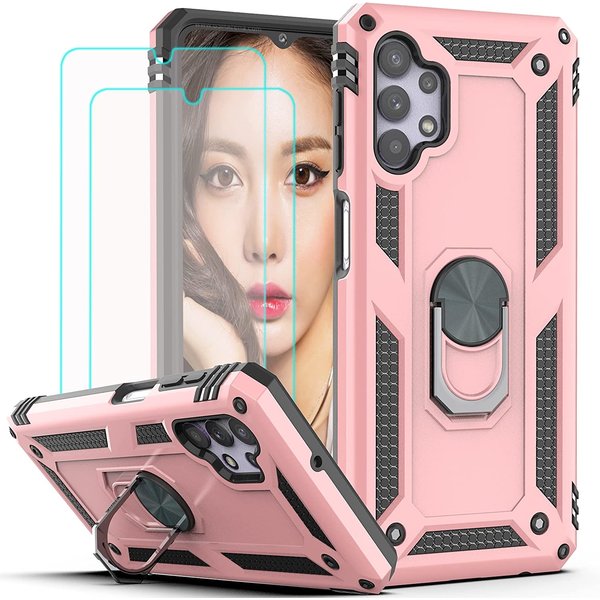 Ntech Hoesje Geschikt Voor Samsung Galaxy A32 Hoesje kickstand Armor case Rose Goud - Galaxy A32 4G Ring houder TPU backcover hoesje - met Galaxy A32 4G screenprotector 2 pack